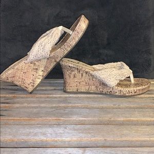 Cream and Tan Flip-Flop Wedge Sandals